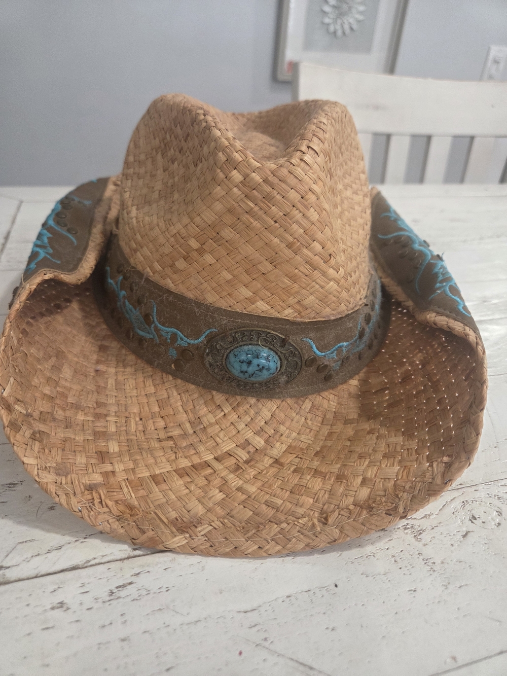 Run a Muck Collection Straw Western Hat with Turquoise Details